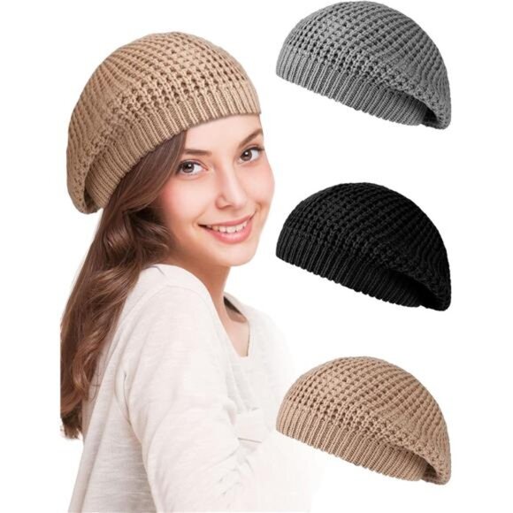 3 Pcs Women's Soft Slouchy Crochet Beret Chic Cutout Beret Hats